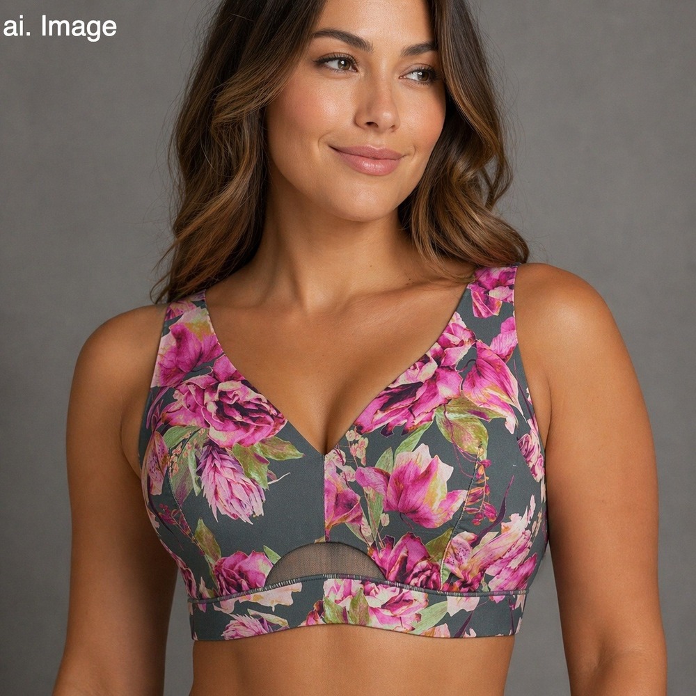 Cacique Womens 40D No-Wire Unlined Plunge Bra Floral Pink Gray Keyhole Cutout‎